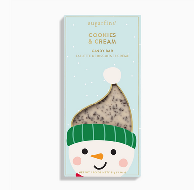 Sugarrina cookies & cream candy bar packaging with a snowman design on a light blue background