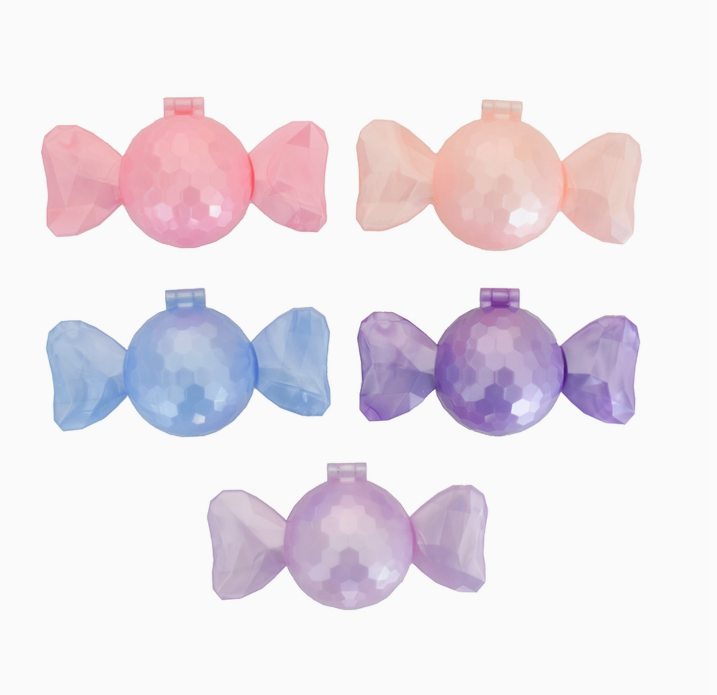 Set of pastel-colored candy-shaped ornaments on a white background