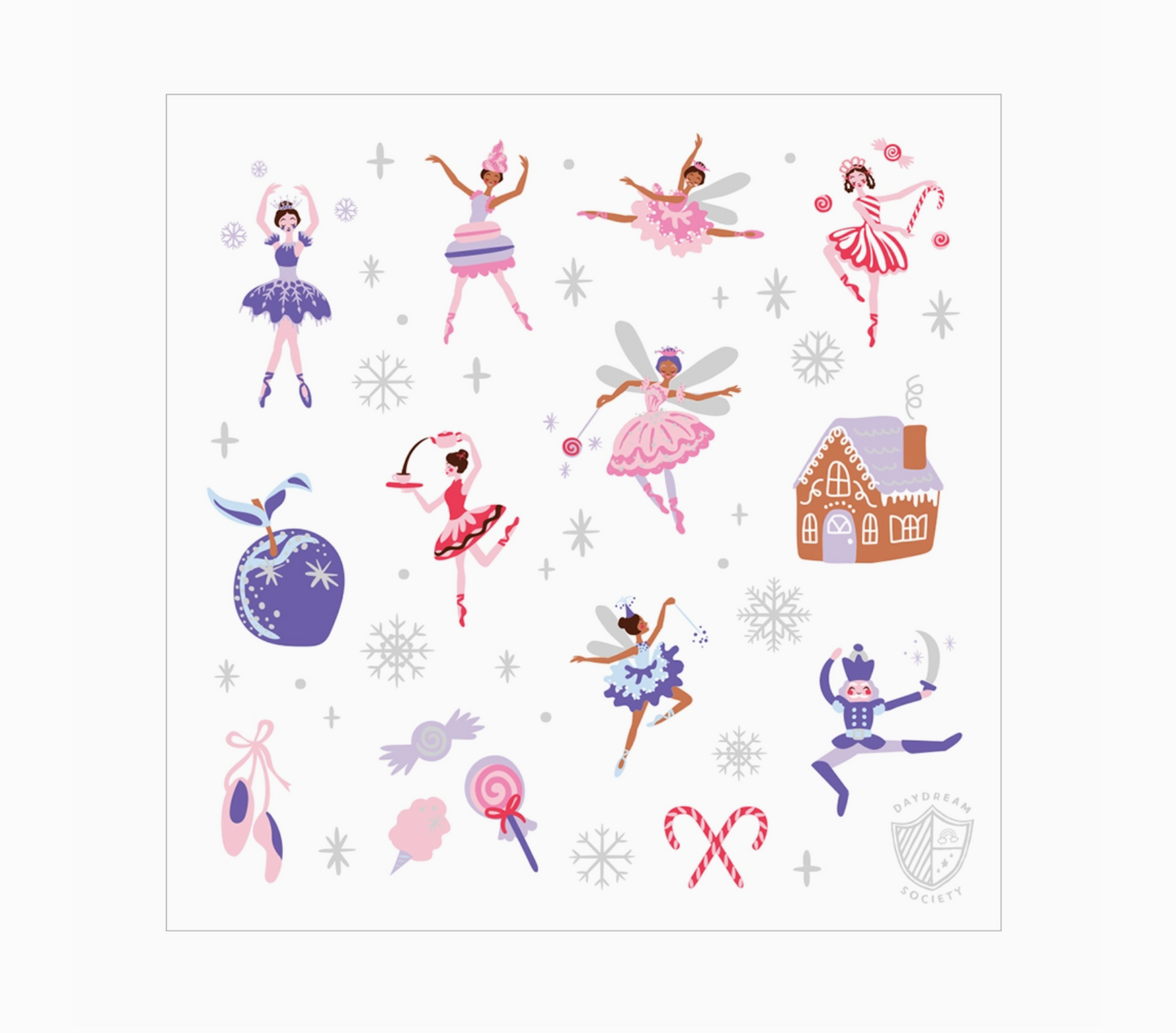 Set of decorative stickers featuring fairy characters, a gingerbread house, and other festive elements on a white background.