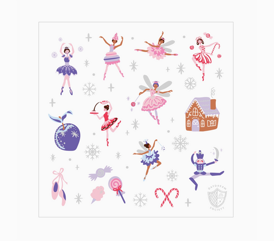 Set of decorative stickers featuring fairy characters, a gingerbread house, and other festive elements on a white background.