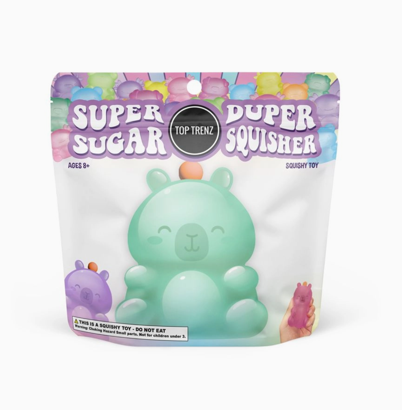 Packaging of a squishy toy with a green character on a white background