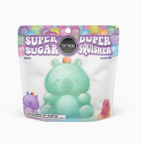 Packaging of a squishy toy with a green character on a white background