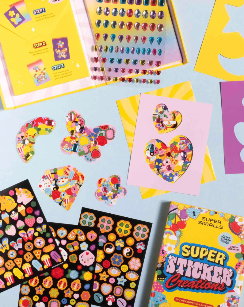 Colorful stickers and packaging on a blue background