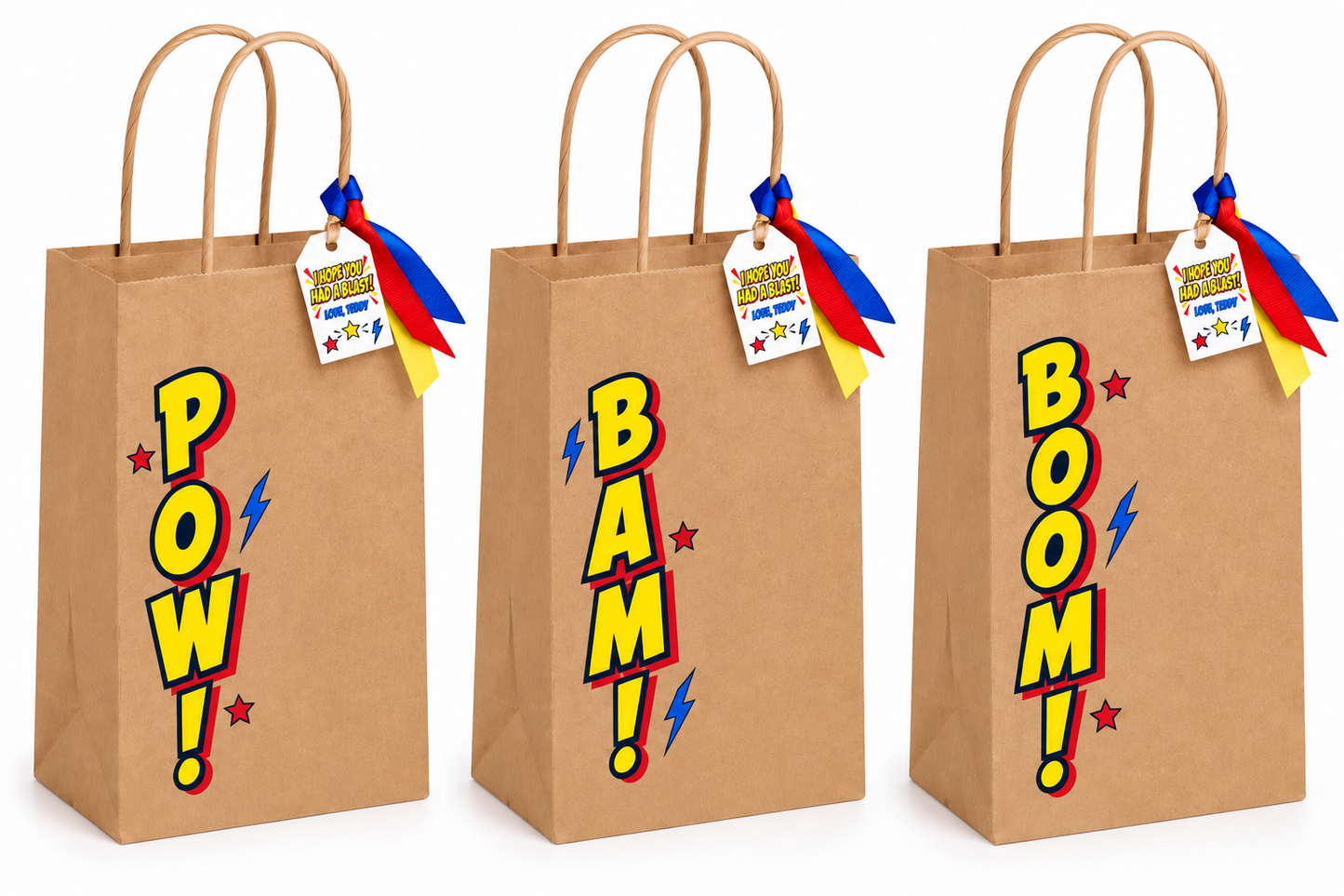 Six POW, BAM and BOOM superhero party favor bags displayed at a kids’ superhero birthday party.