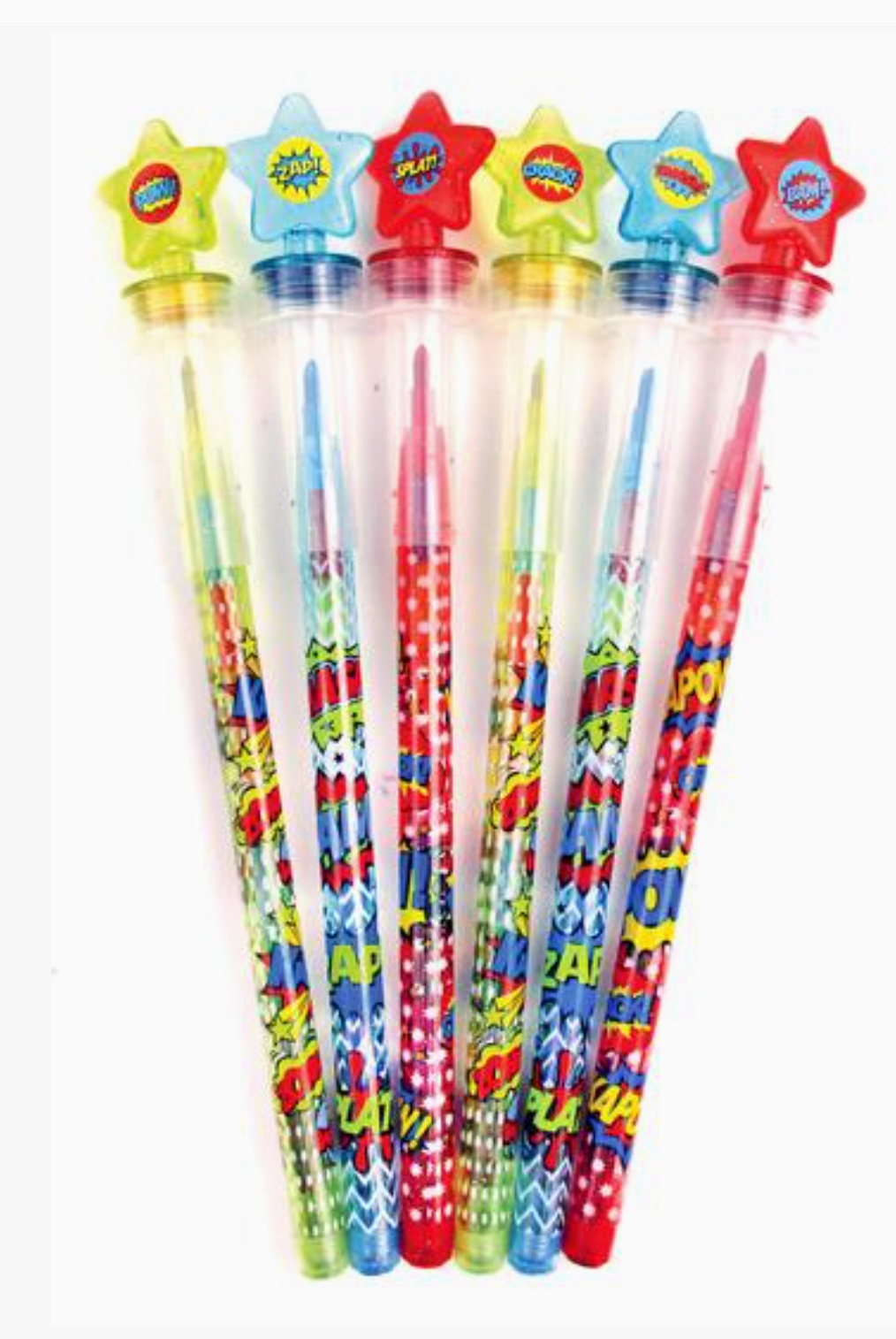 Six colorful novelty star-shaped pen toys in clear plastic tubes with comic-style graphics, set against a plain white background.