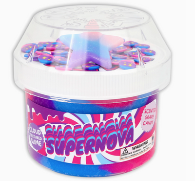 Supernova scented slime in a clear container with colorful label on a white background