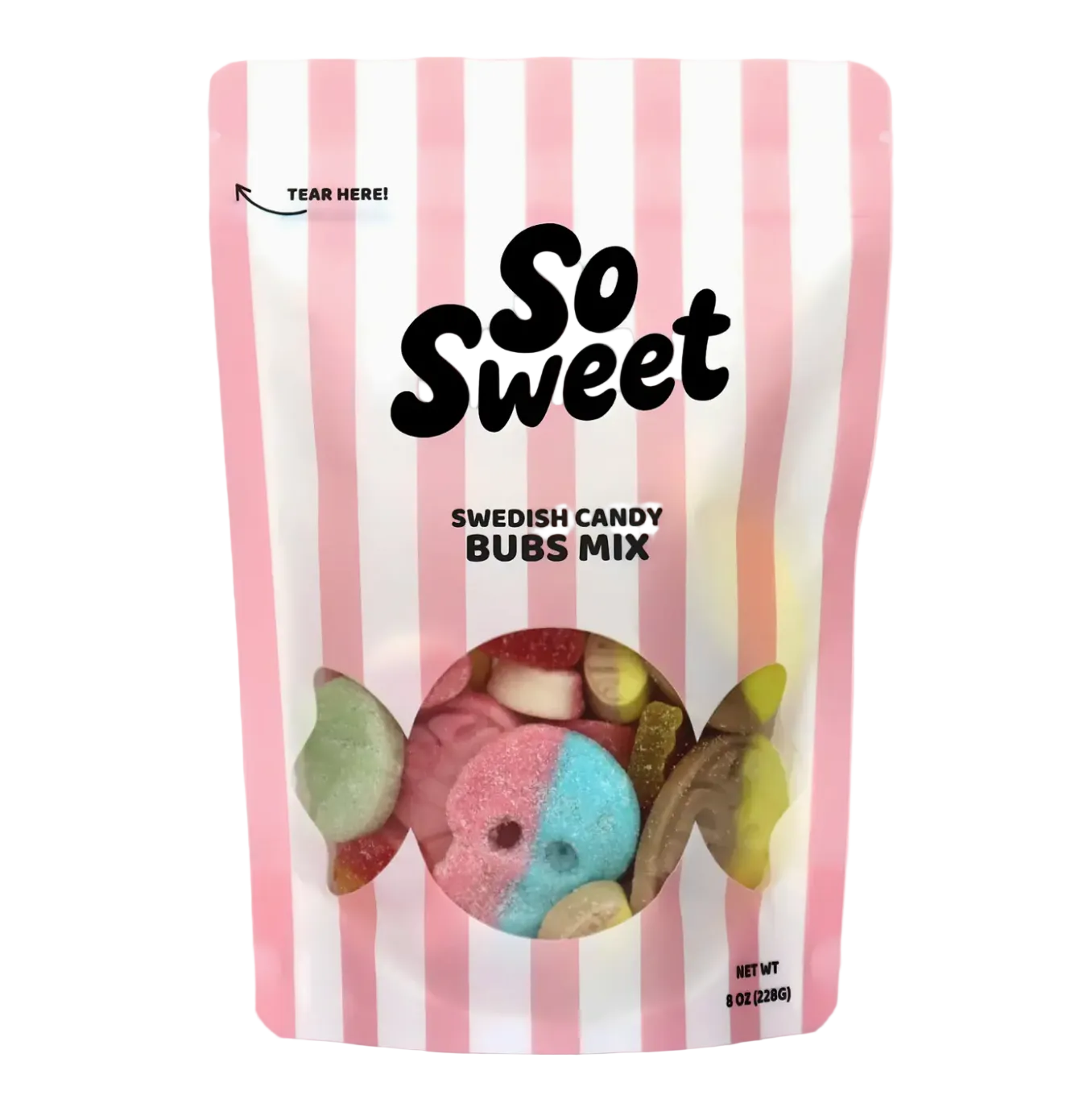 Bag of Swedish candy bubbles with 'So Sweet' text on a pink background