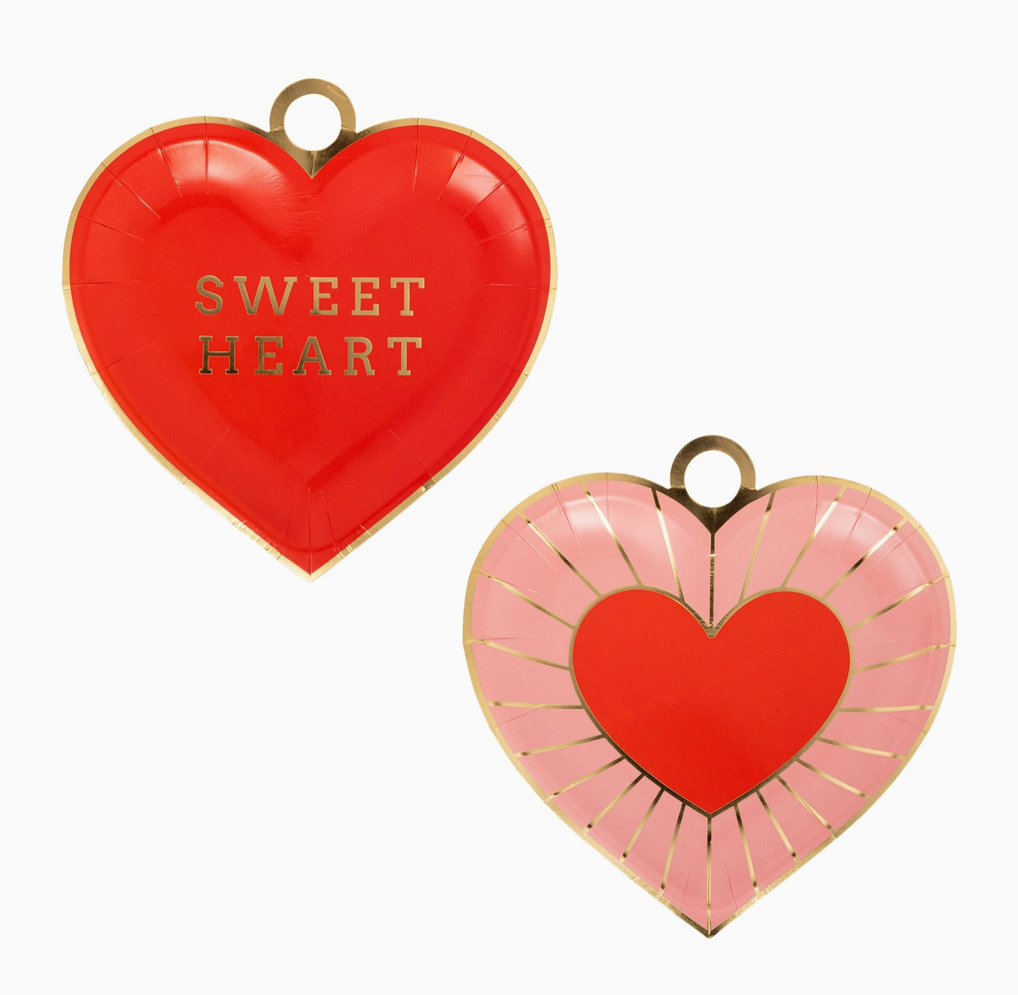 Two heart-shaped pendants, one red with 'SWEET HEART' text and the other pink with a red center.