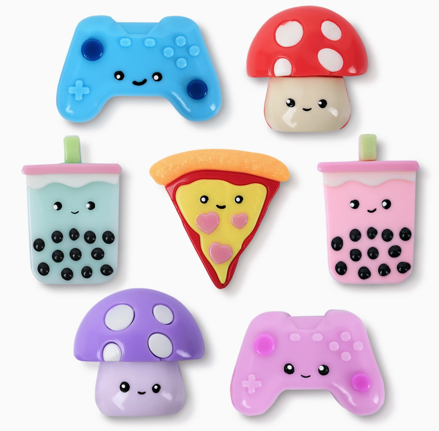 Set of colorful toy controllers, mushrooms, and pizza slices on a white background