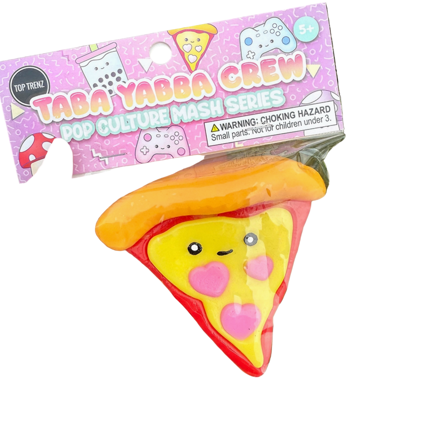 Squishy toy shaped like a pizza slice with a face, held in front of its packaging labeled 'TABA YABBA CREW'.