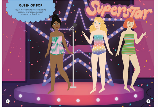 Illustration of three women on a stage with 'Superstar' text and confetti.
