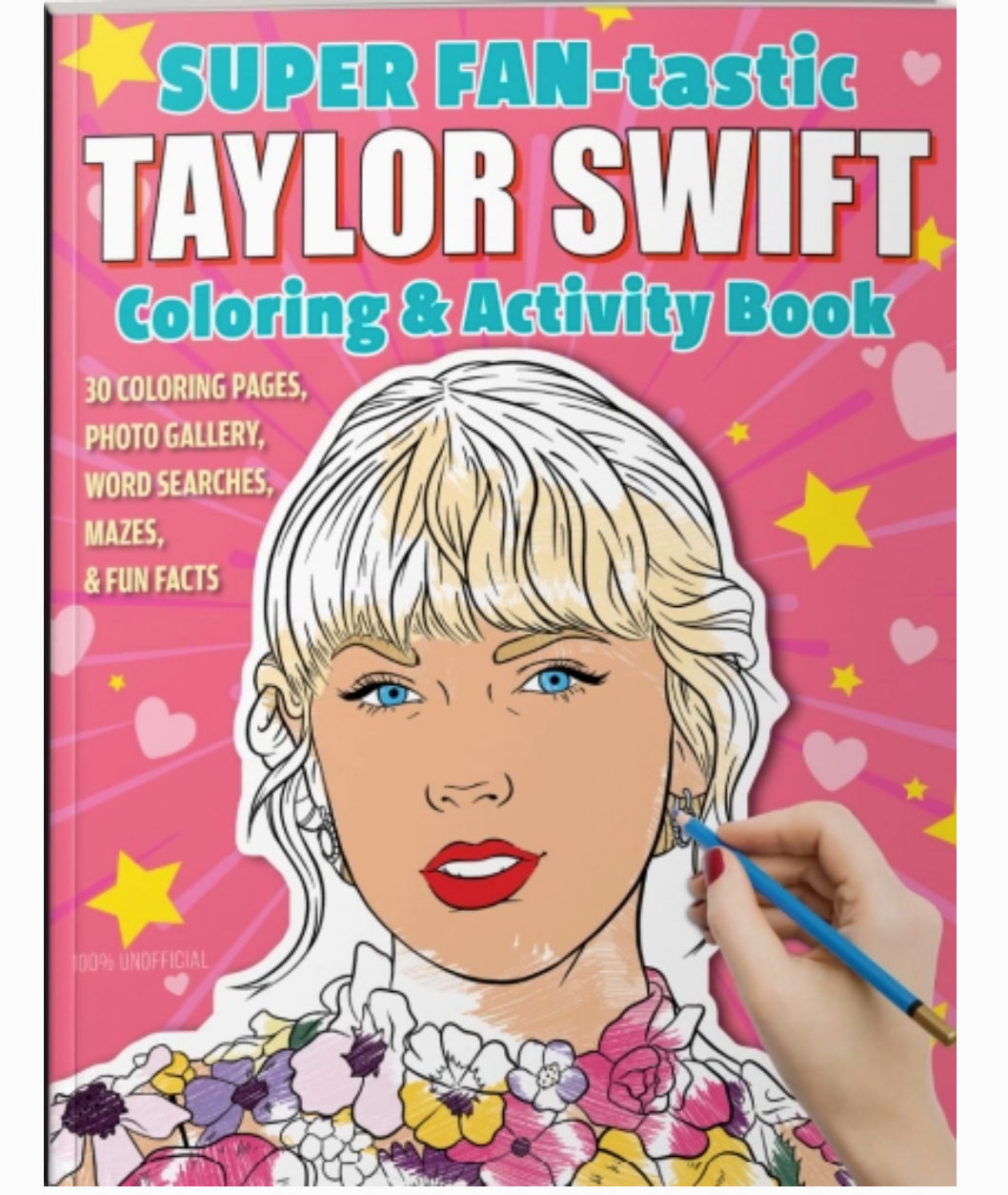 A coloring activity book featuring Taylor Swift with a pink cover, including an illustration of Taylor Swift's face with coloring elements and a hand holding a pencil.