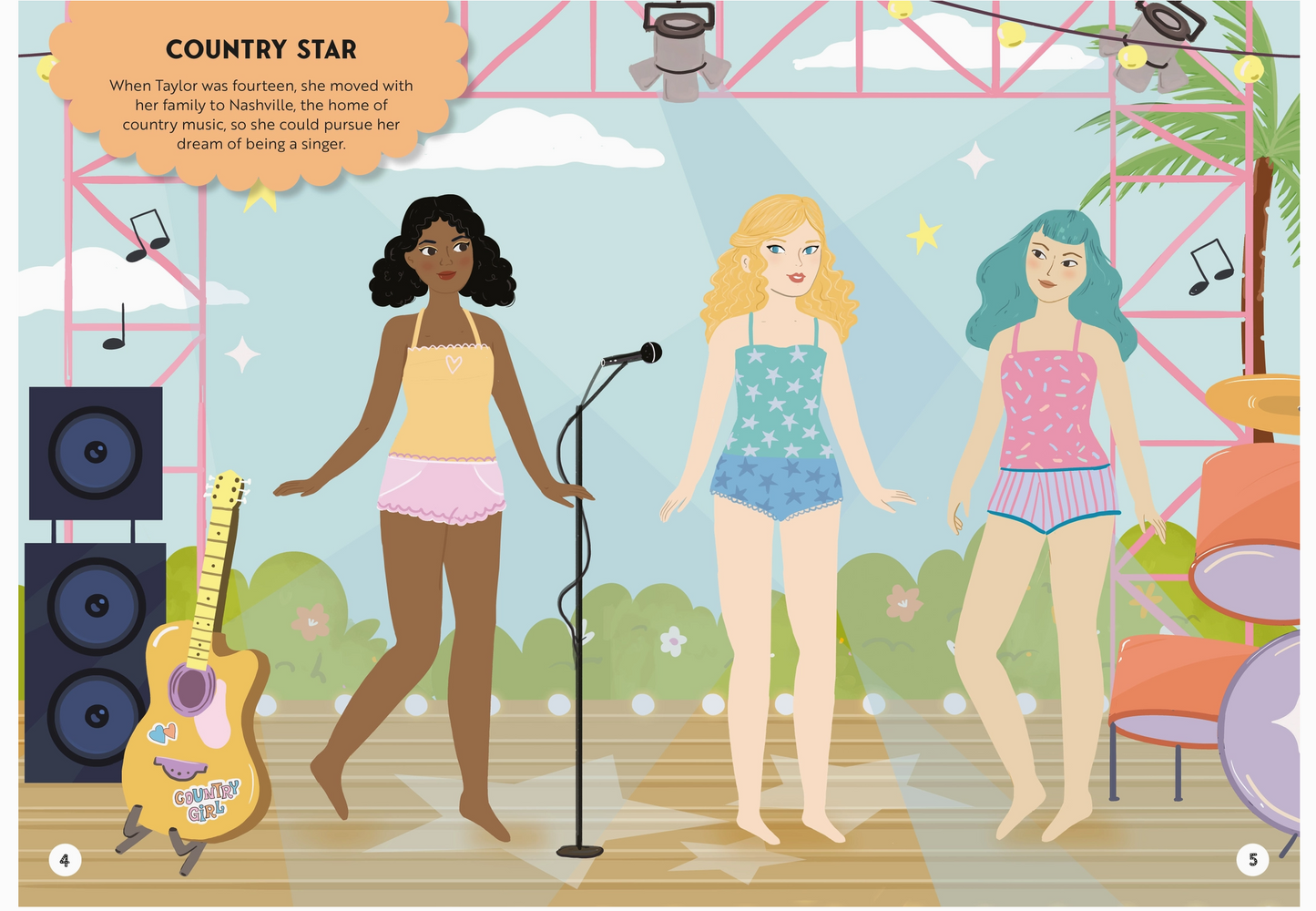 Illustration of three women on a stage with musical instruments and a microphone, set against a colorful background.