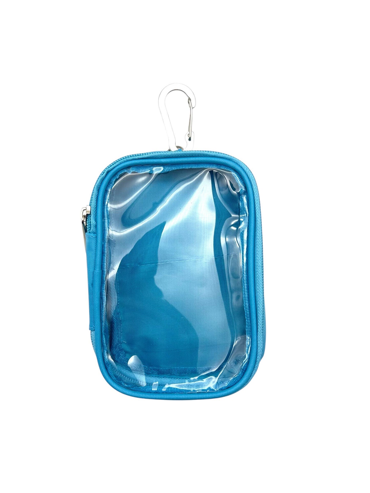 A small blue zippered pouch with a clear front window and a silver carabiner clip on a white background.