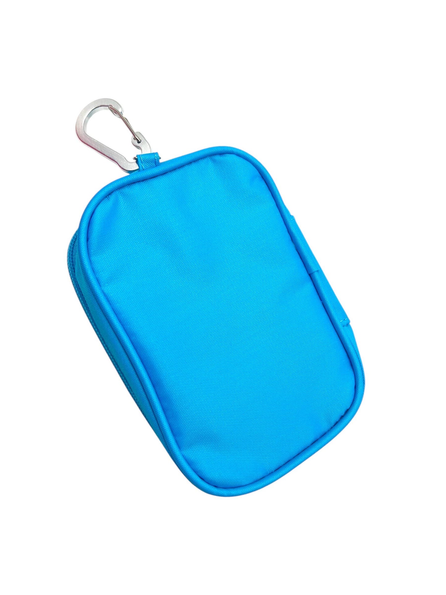 A bright blue zippered pouch with rounded corners and a silver carabiner clip on the top, shown on a plain white background.
