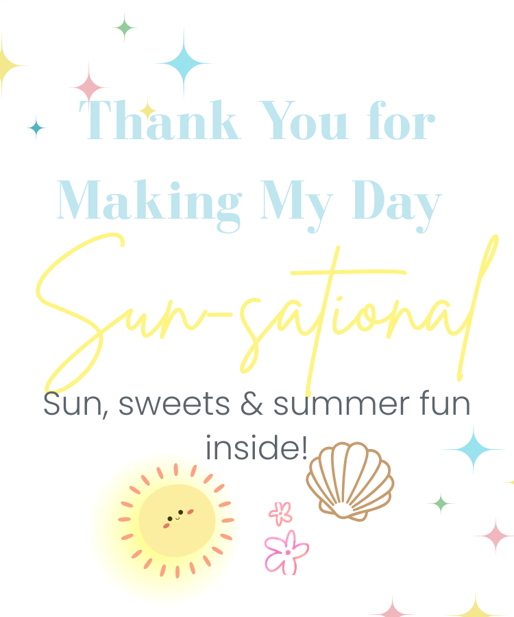 Card with 'Thank You for Making My Day Sun-sational' text and summer-themed graphics on a white background.