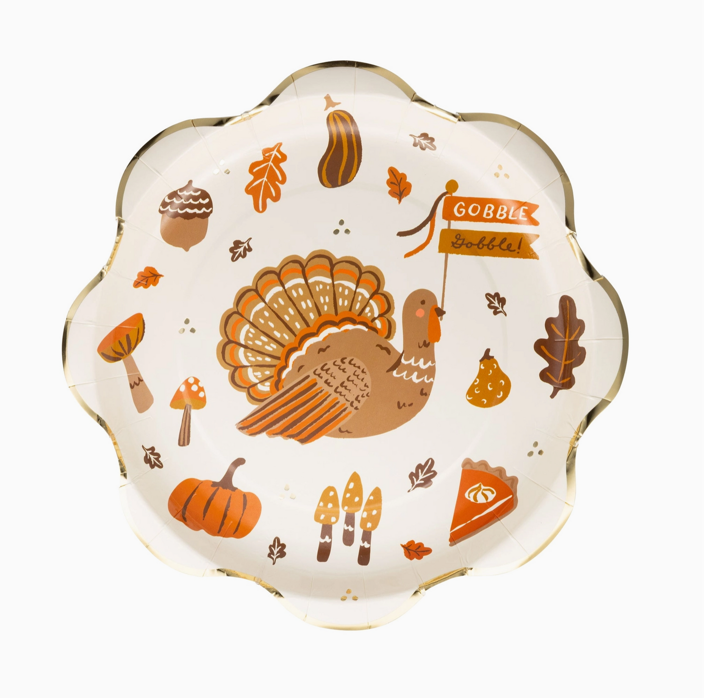 Decorative plate with Thanksgiving-themed illustrations on a white background