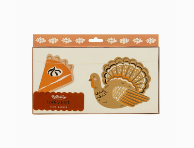 Packaged icon banners with a turkey and pumpkin design on a white background