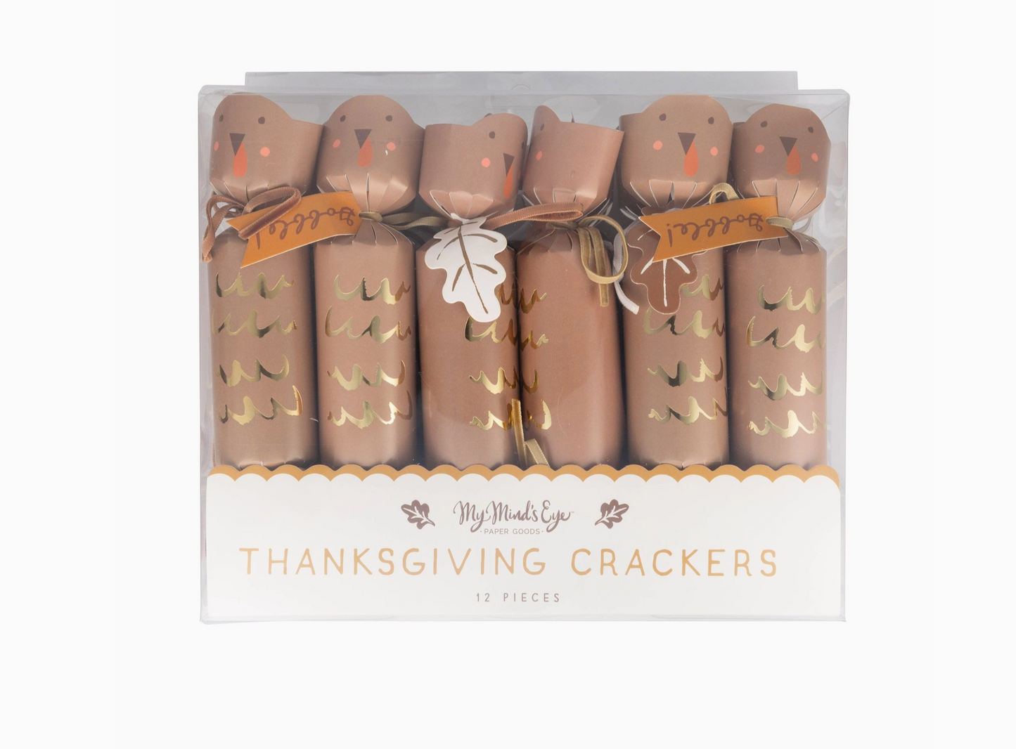 Box of Thanksgiving crackers with decorative labels on a white background