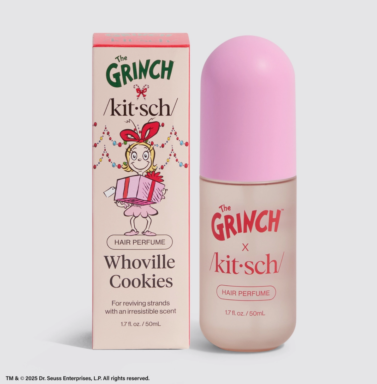 The Grinch x Kit-sch hair perfume bottle and packaging on a white background