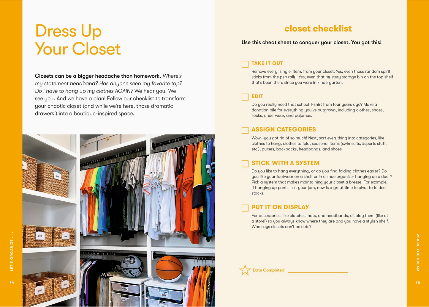 Closet checklist for organizing clothes with a photo of a well-organized closet.