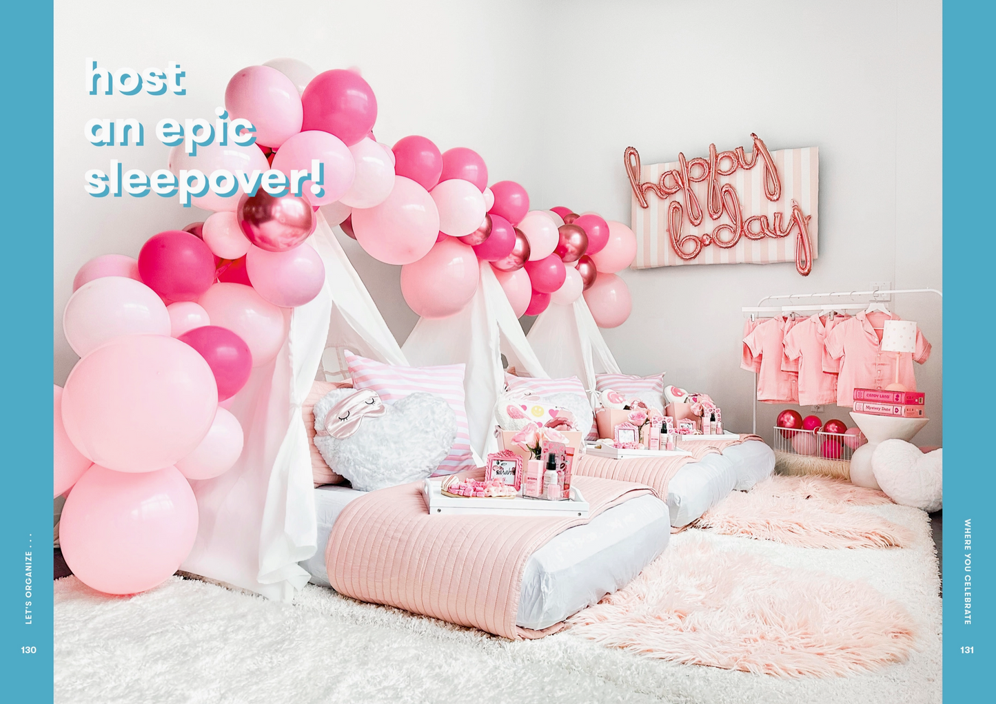 Decorated room with pink balloons, pillows, and a 'Happy Birthday' sign, promoting a sleepover.