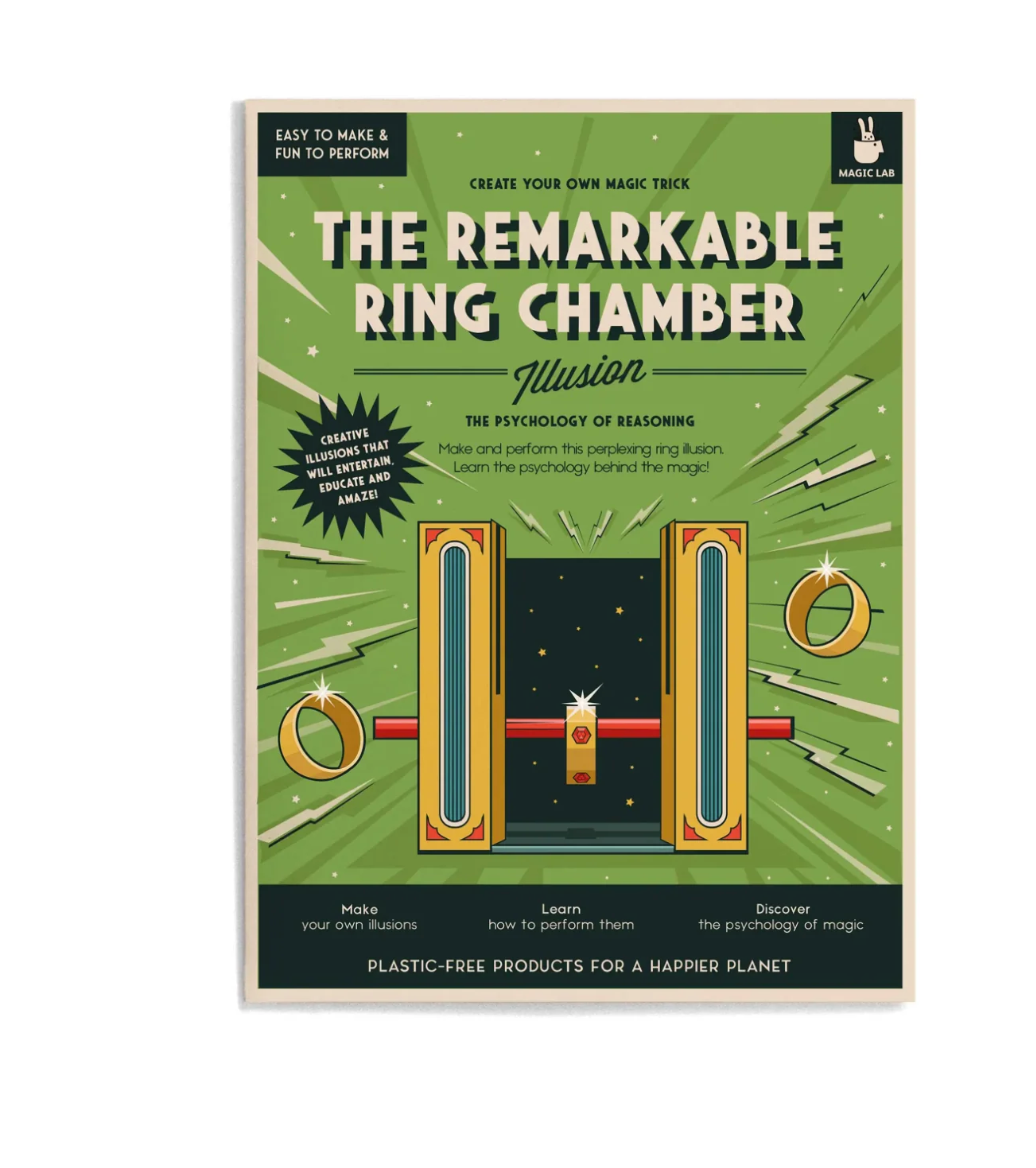 Packaging of 'The Remarkable Ring Chamber' illusion with green background and ring illustration.