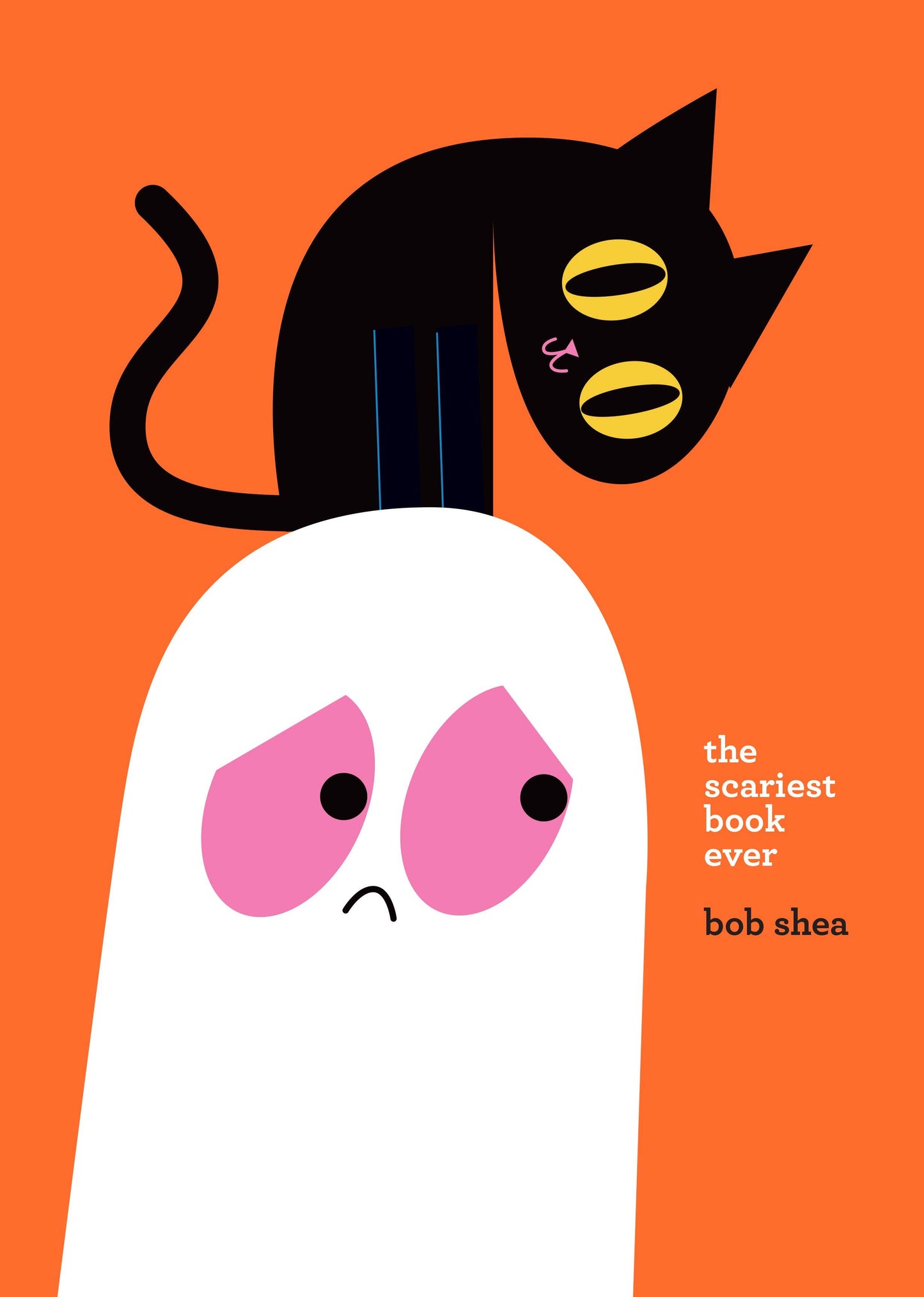 Book cover with a ghost and black cat illustration on an orange background