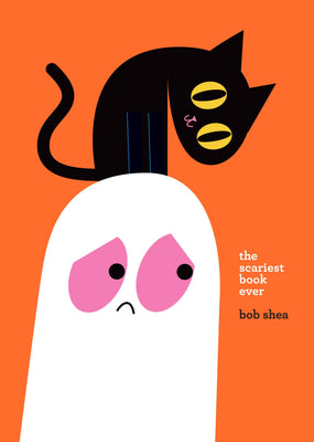 Book cover with a ghost and black cat illustration on an orange background