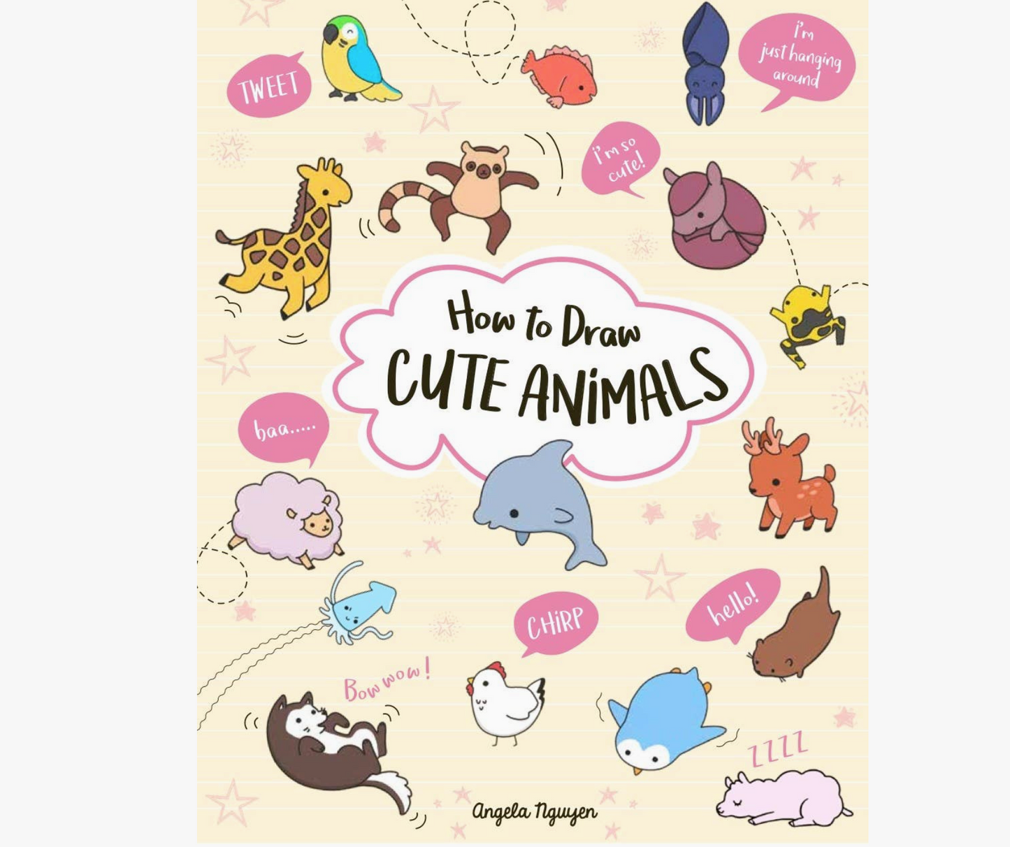 Book cover of 'How to Draw Cute Animals' with illustrations of various animals and speech bubbles on a beige background.