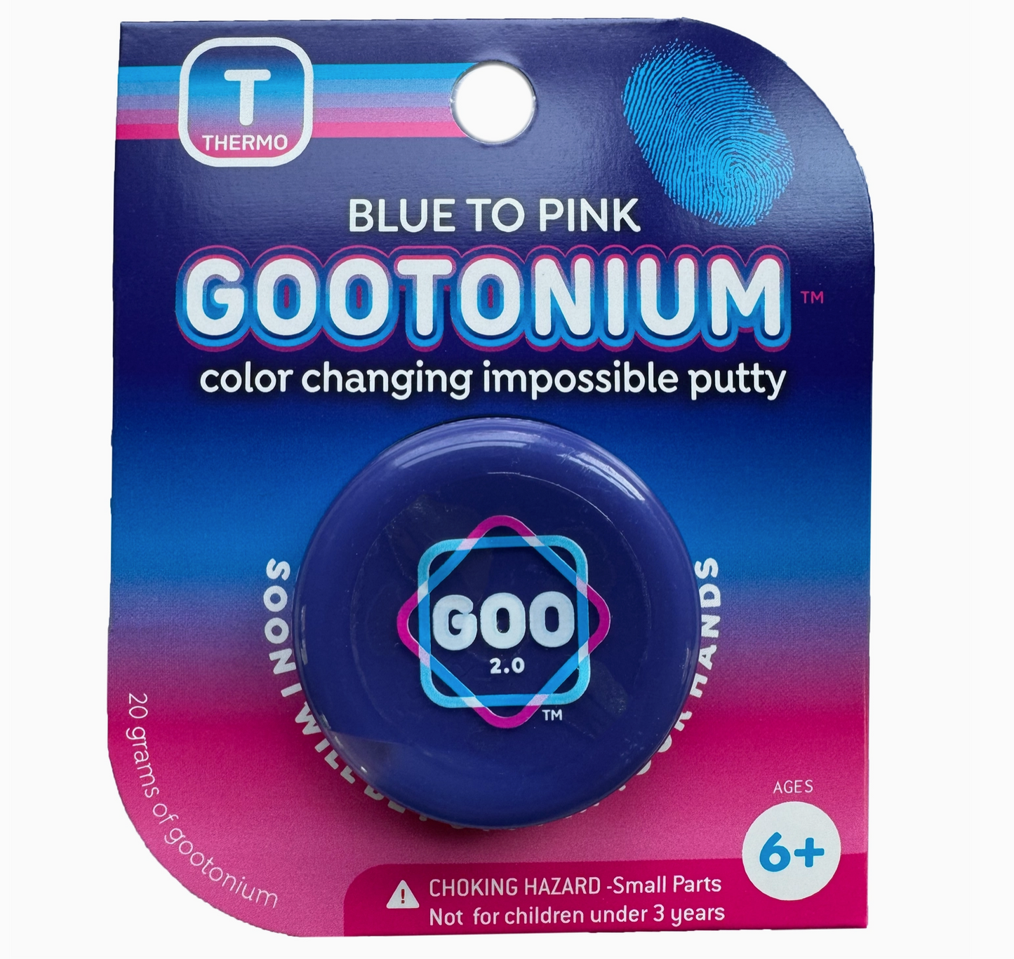Packaging for Thermo Blue To Pink Gootonium color changing putty, showing the product and its branding with a age recommendation of 6+ years.