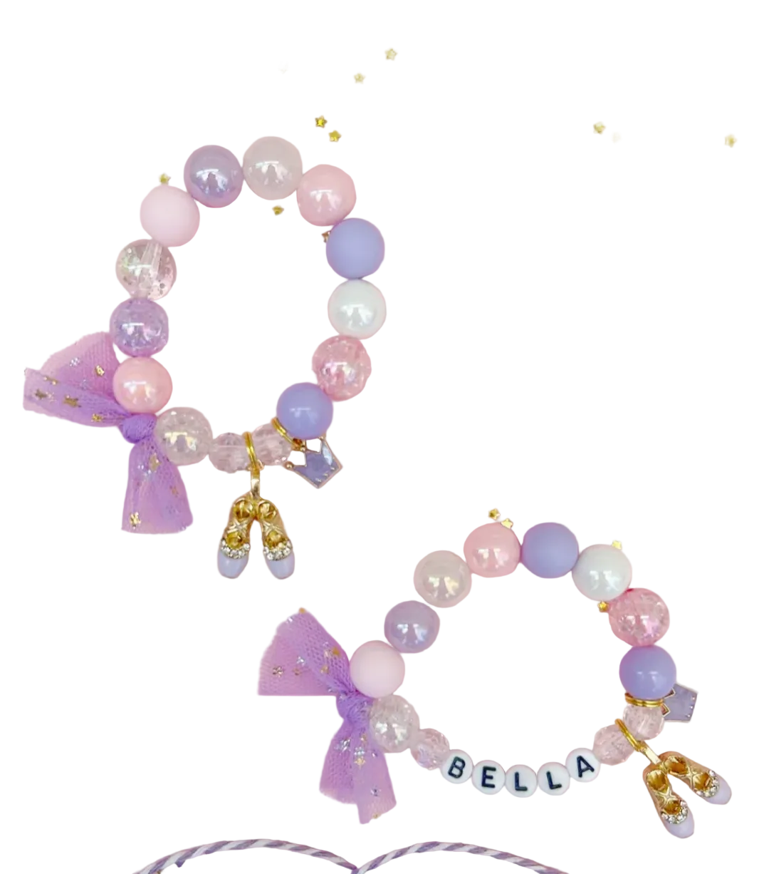 Two colorful beaded bracelets with bows on a pink background