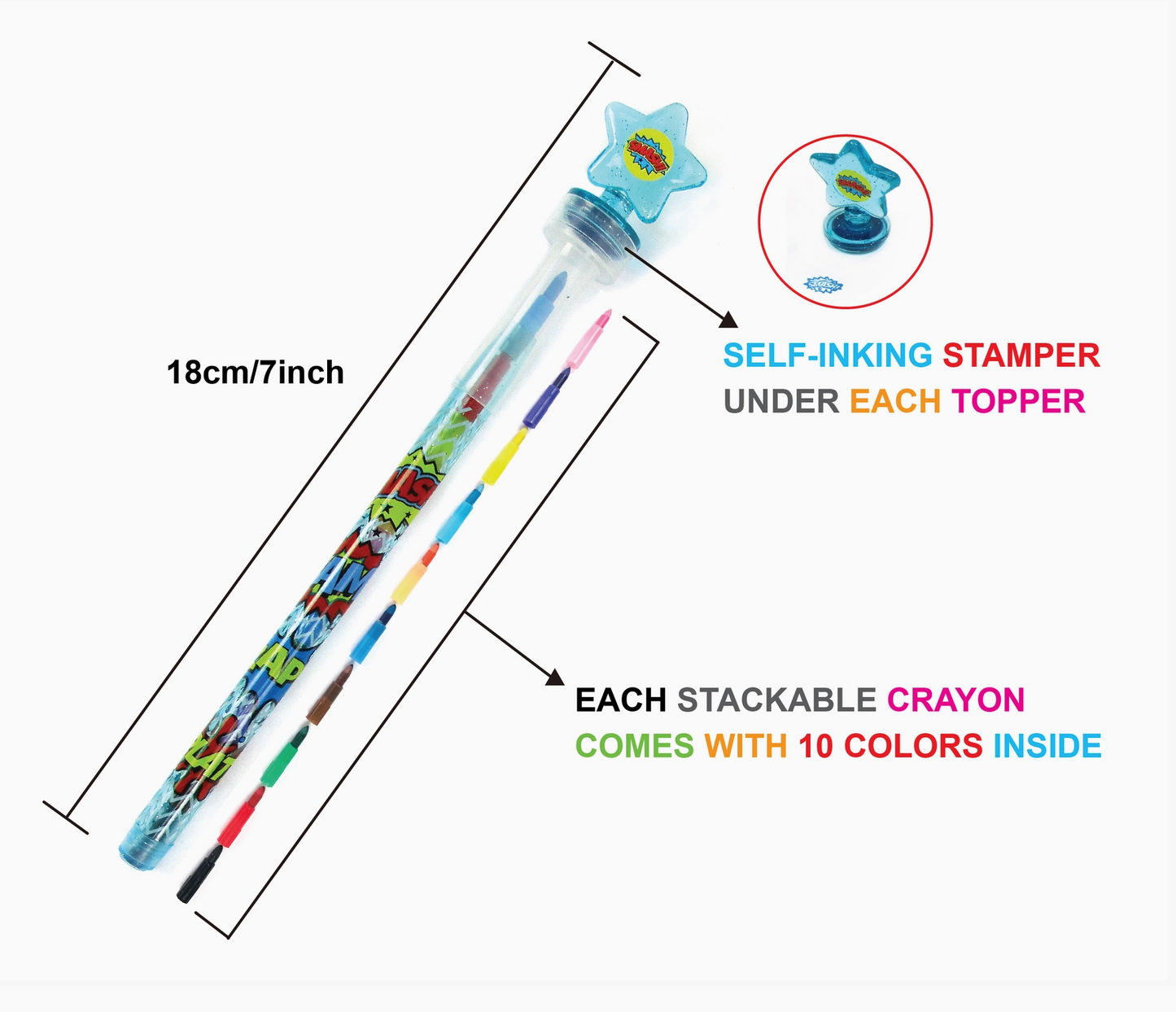 A stackable crayon toy set shown on a white background with measurement annotations and feature callouts. The product includes a clear tube containing multiple colorful stacked crayons, a blue star-shaped self-inking stampor, and printed cartoon graphics along the tube.