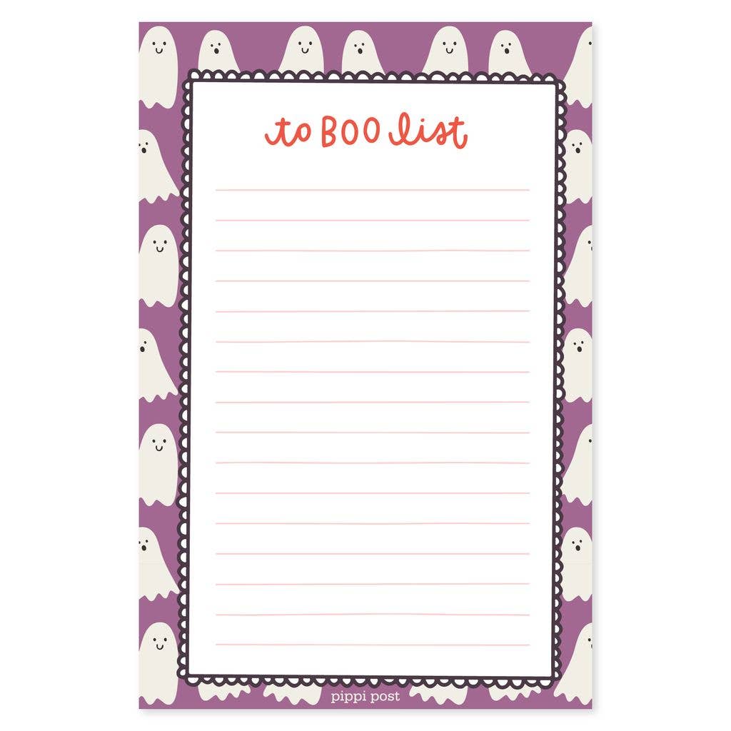 Notepad with ghost design and 'to BOO list' text on a purple background