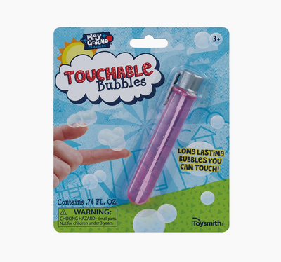 Packaging of Toysmith Touchable Bubbles with bubble wand on a blue background
