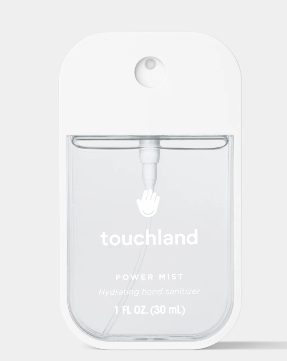 Clear handheld device with 'touchland' branding on a white background
