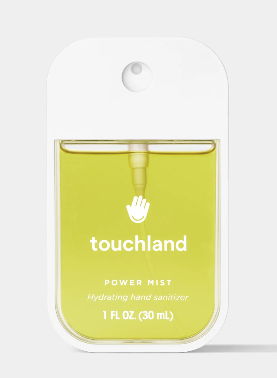 Touchland power mist hydrating hand sanitizer packaging on a white background