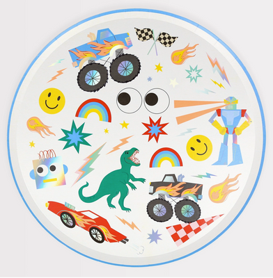 Children's plate with colorful illustrations of a dinosaur, cars, and other playful elements on a white background.
