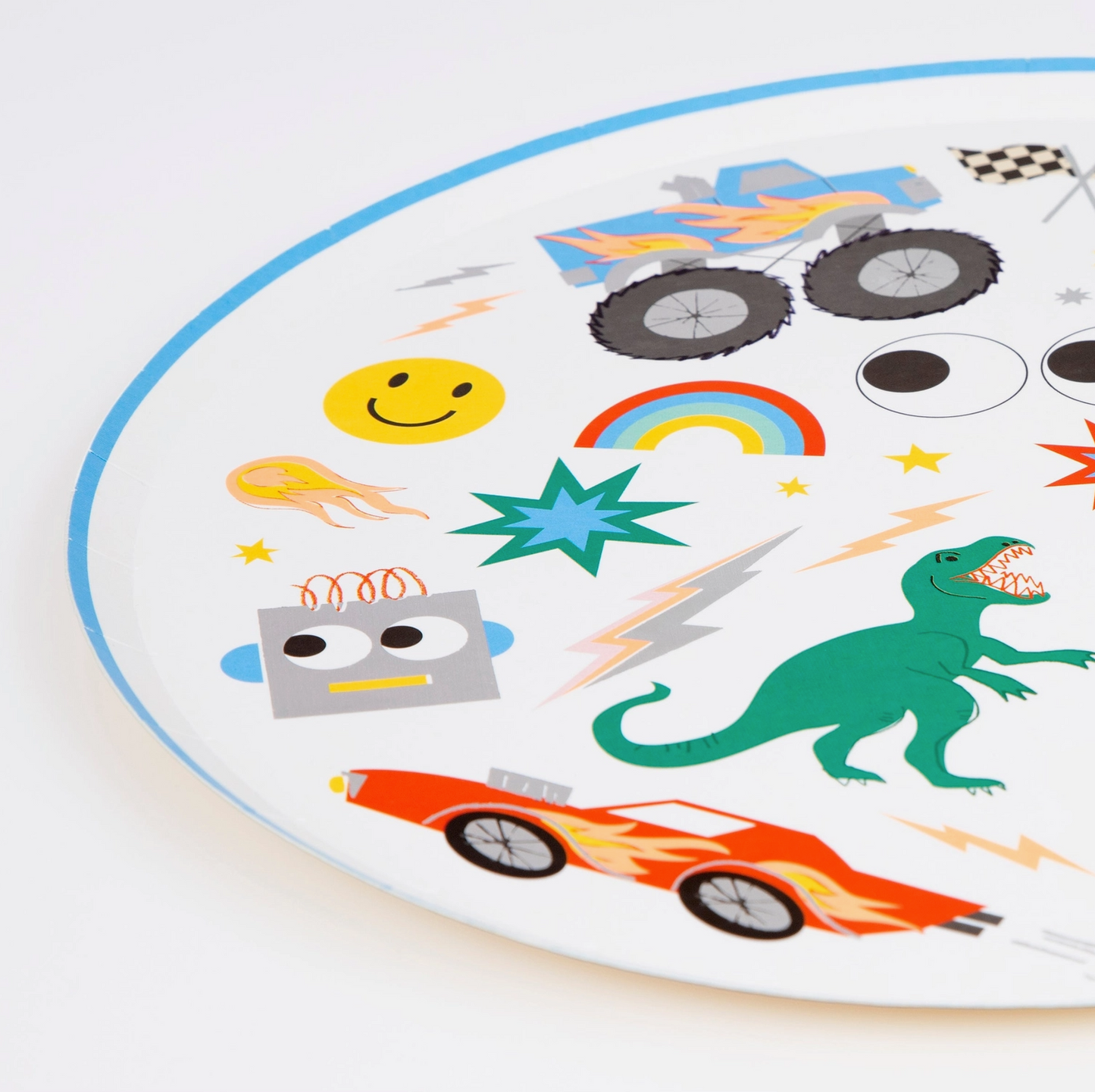 Children's play mat with colorful stickers including a dinosaur, car, robot, and more on a white background.