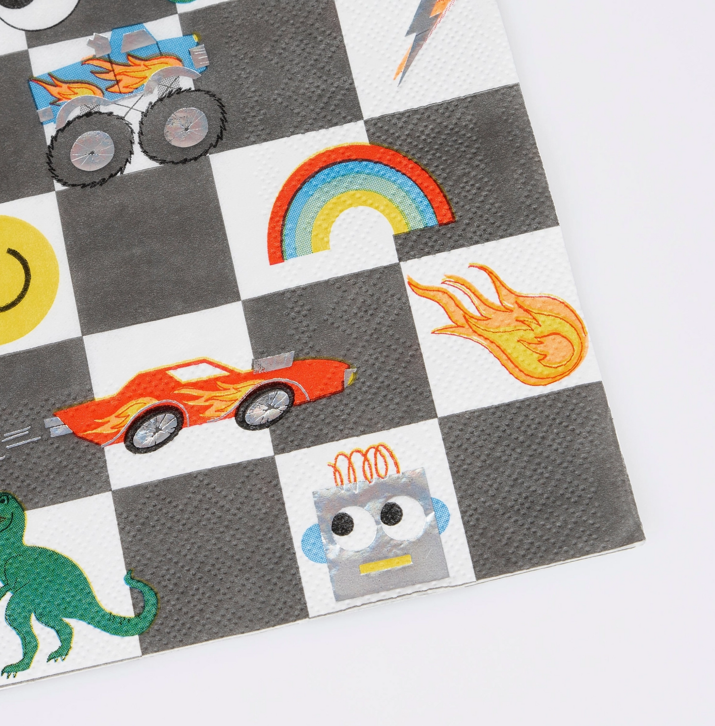 Children's play mat with colorful designs on a checkered pattern