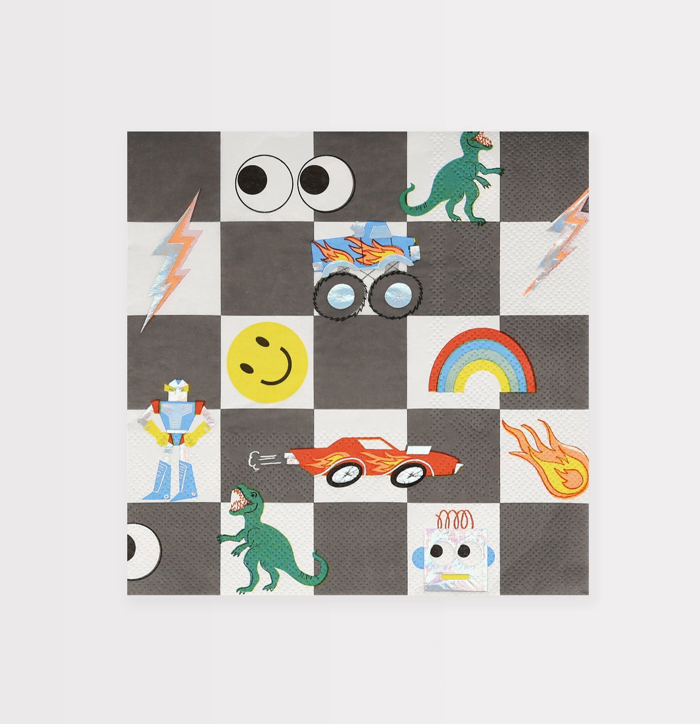 Checkered mat with colorful illustrations of a robot, car, dinosaur, and rainbow on a white background.