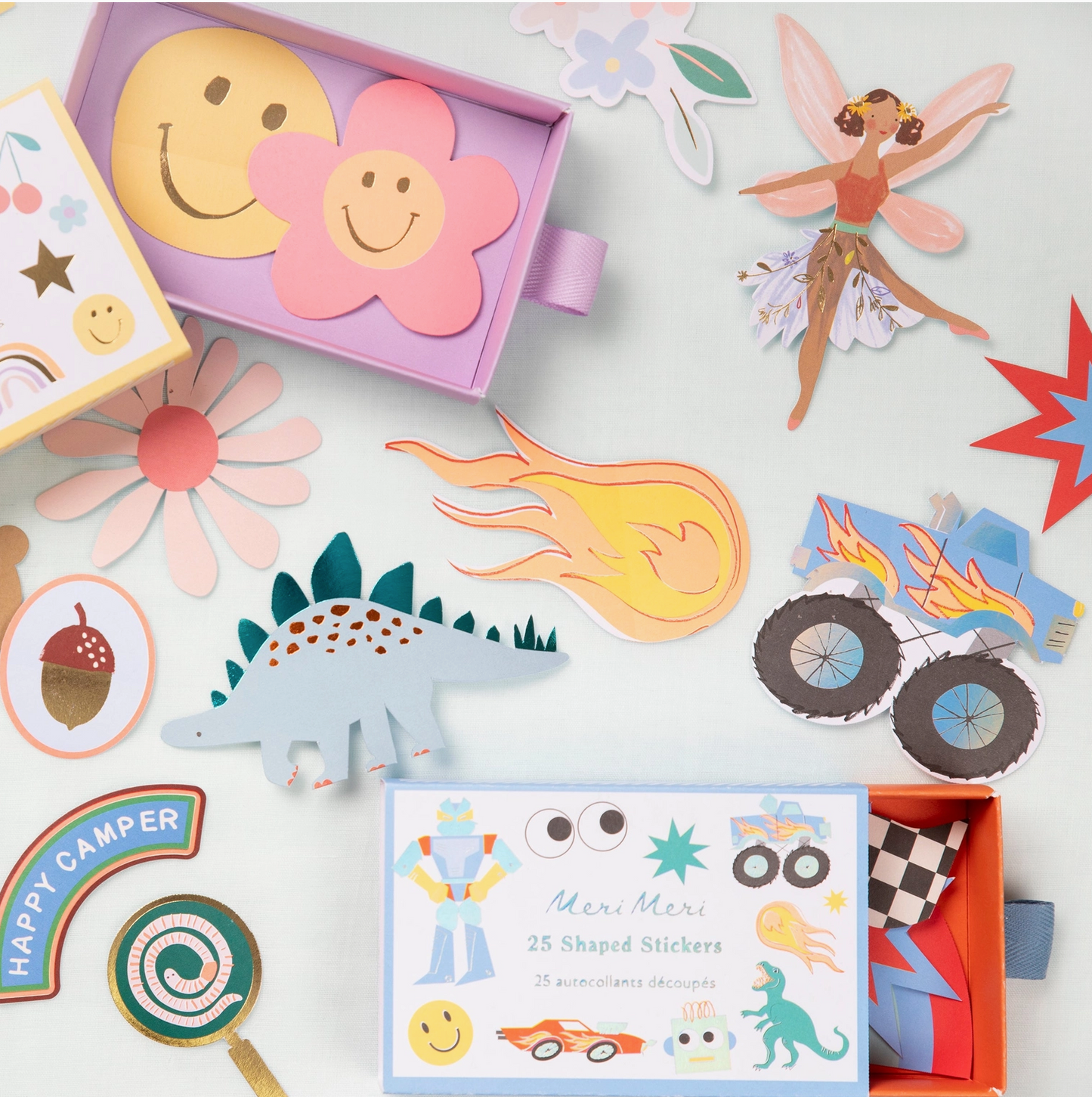 Collection of colorful shaped stickers on a white background