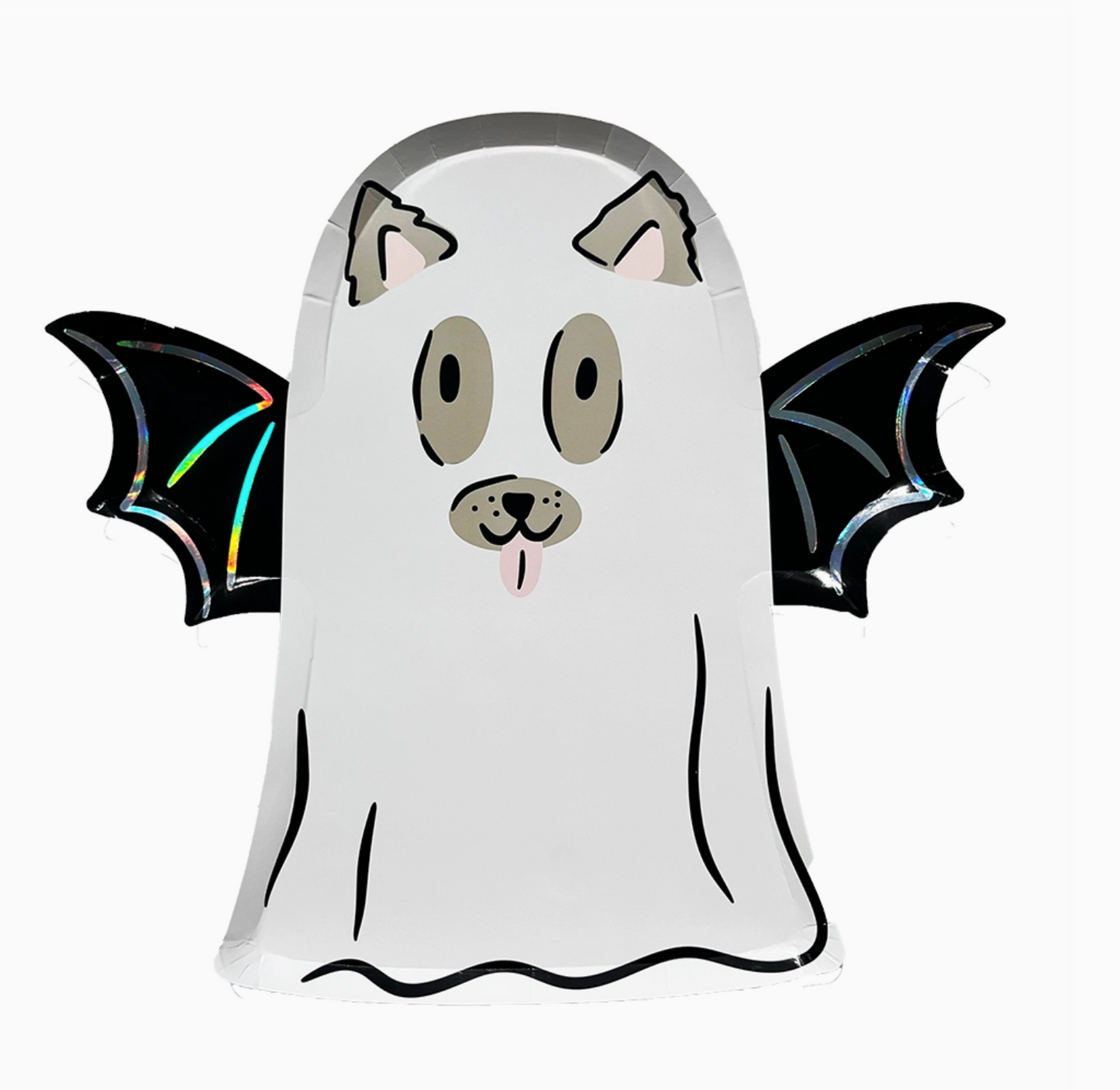 Halloween-themed inflatable dog costume with ghost and bat wings on a white background