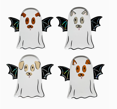 Four cartoon ghosts with bat wings on a white background