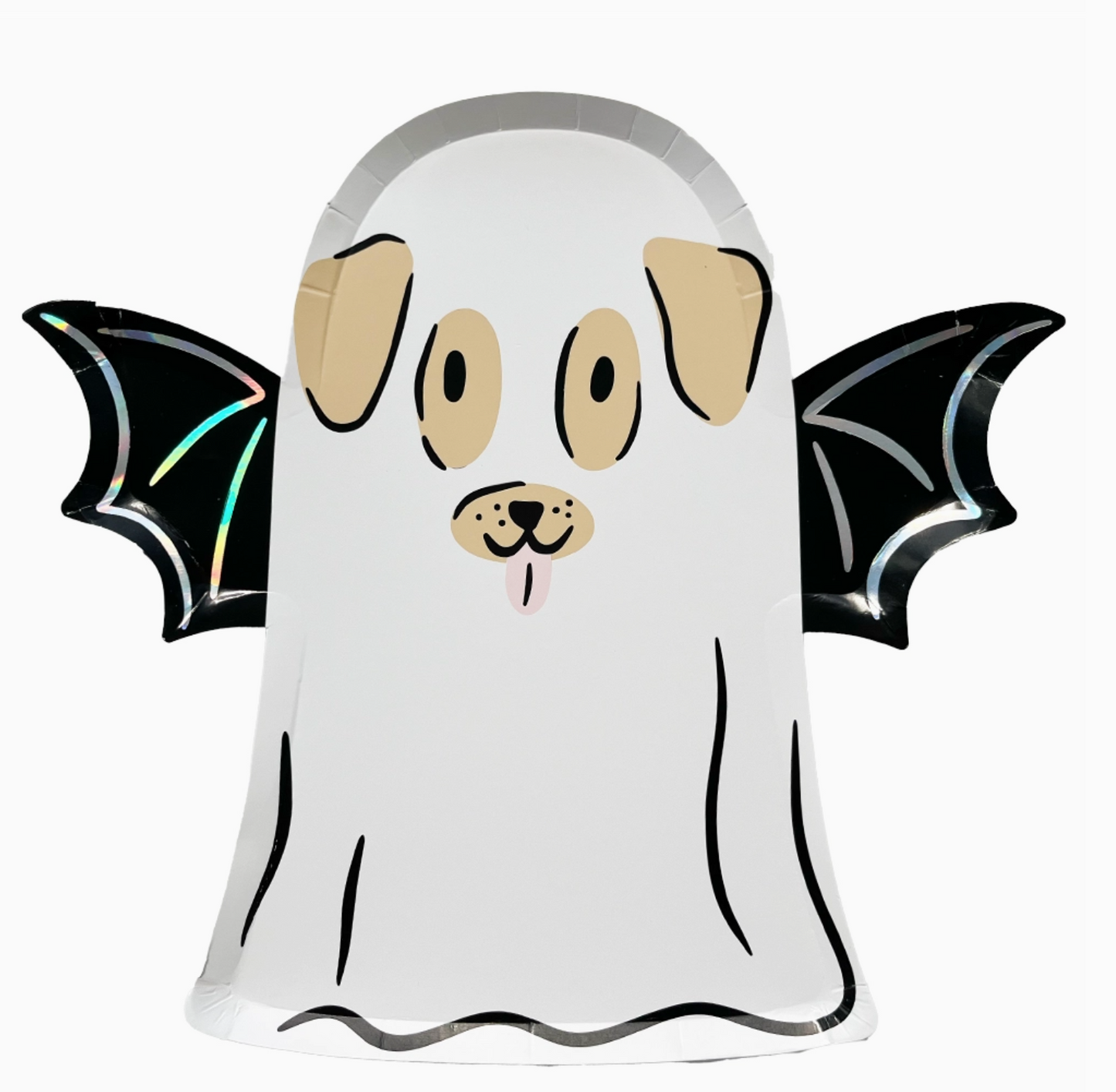 Halloween-themed dog costume with ghost and bat wings on a white background