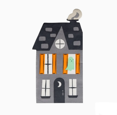 Halloween-themed house decoration with ghost in window on a white background