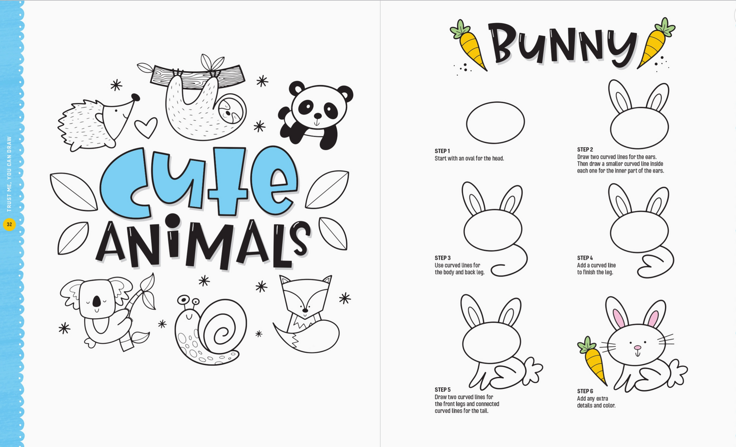 A children's coloring book spread showing 'Cute Animals' on the left page with black-and-white animal illustrations and blue title lettering, and step-by-step bunny drawing instructions on the right page.