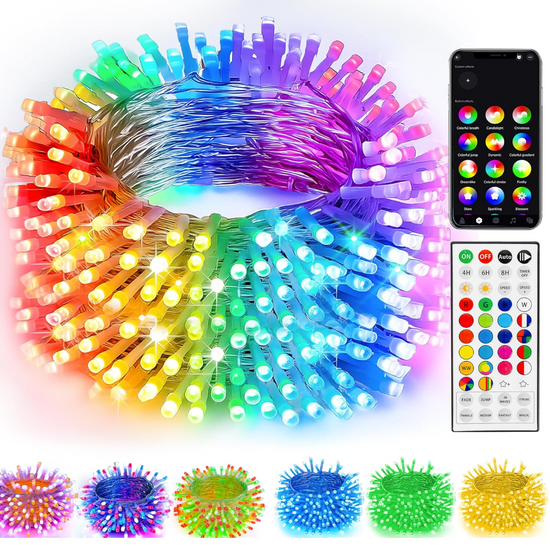 Multicolored LED string lights with remote control on a white background