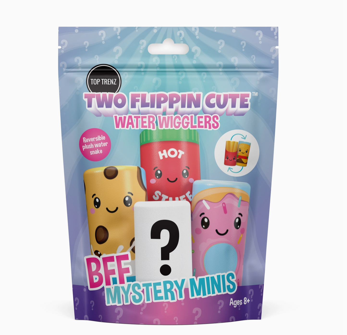 Packaging for Two Flippin' Cute - Plush Water Wigglers Bff Mystery Minis toy featuring water wigglers in different colors and a question mark symbol.