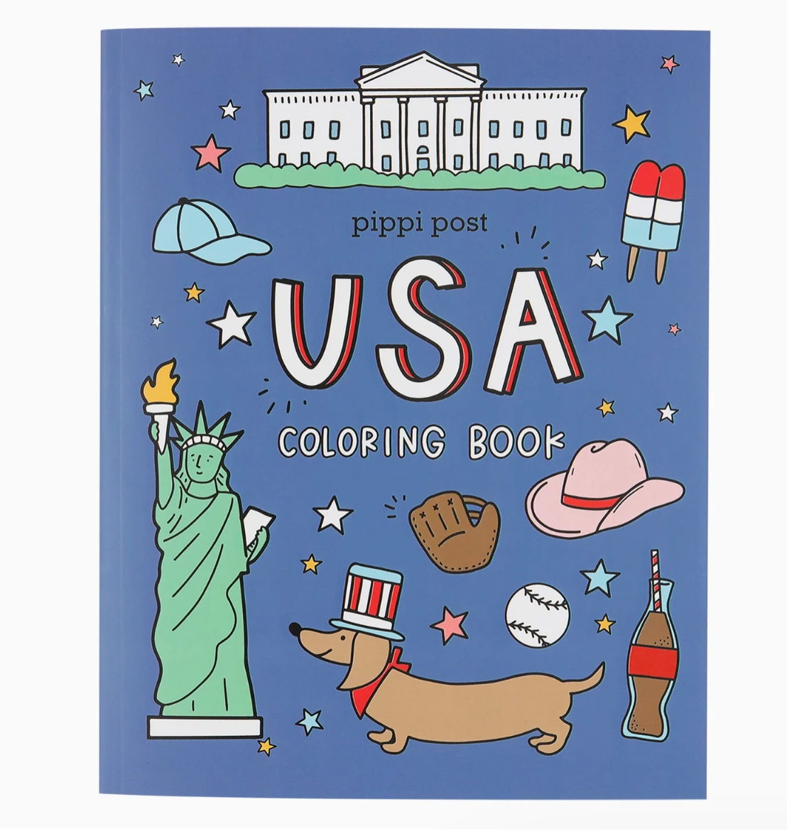 Coloring book cover with illustrations of the White House, Statue of Liberty, and other USA-themed items on a blue background.